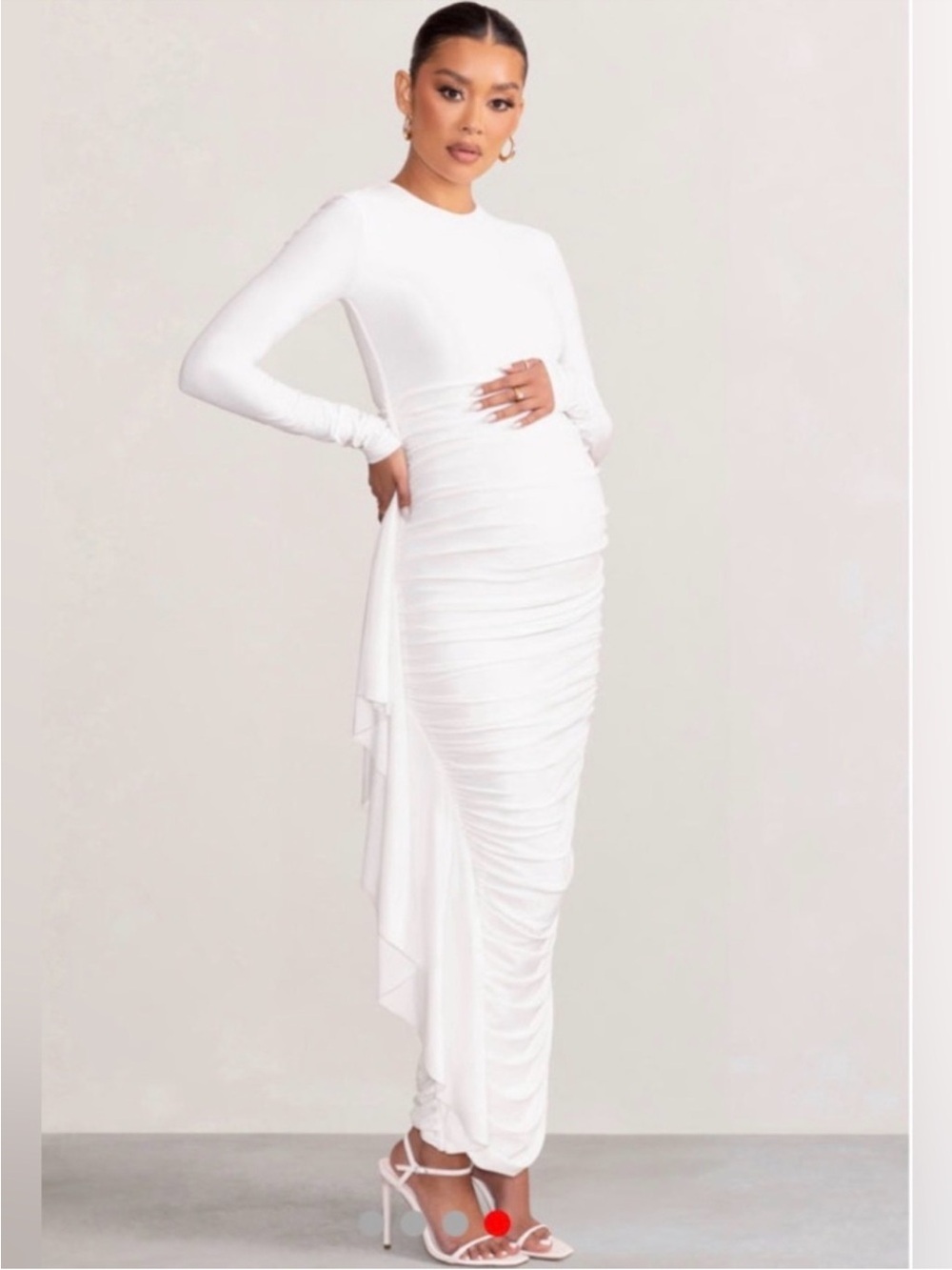 CLUB L LONDON Maternity Ruched Long Sleeve Ruffle Maxi Dress White Size 6 NWT